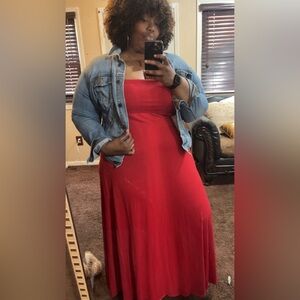 Red strapless maxi dress, can be worn as a long maxi skirt as well